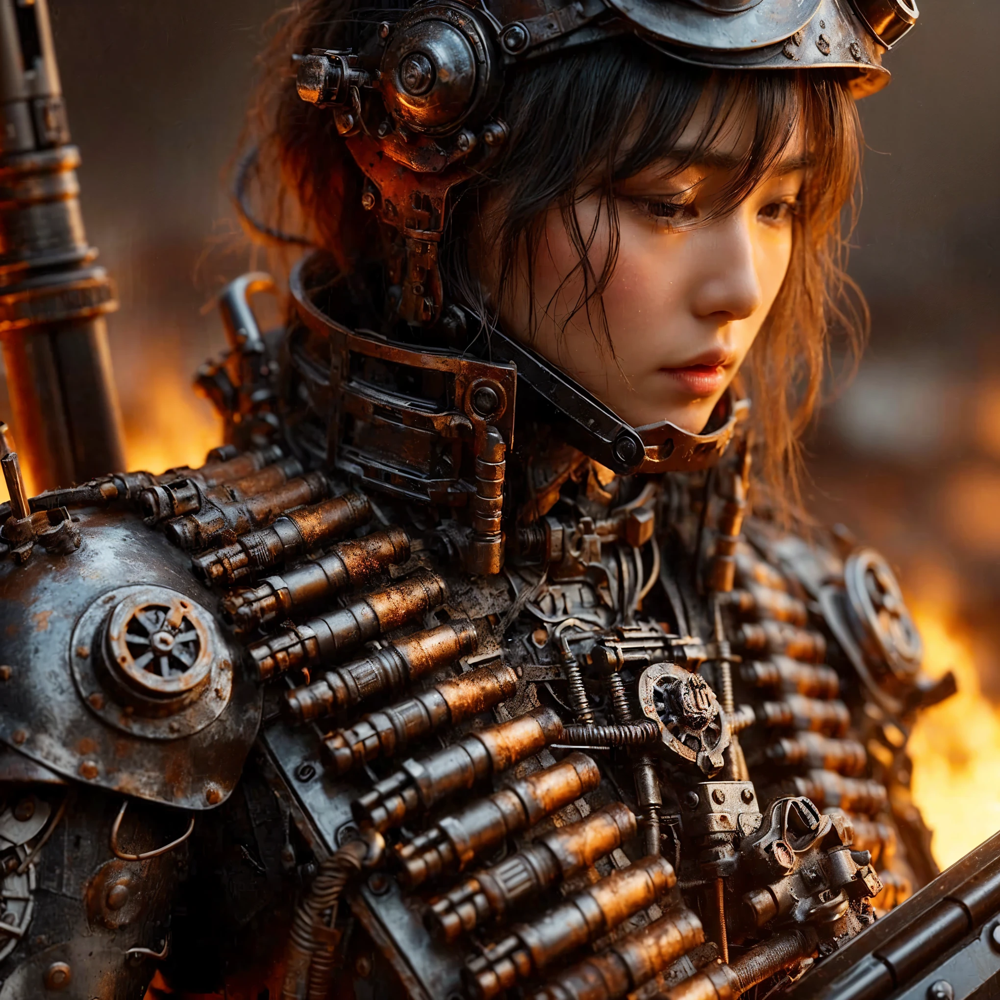 8k,Realistic Photo, Realistic Skin Texture, Superrealism, (Warring States period of Japanese history, approx like mechanical :1.2), burnt field、arquebus,vivid textures,legs, gradation hair, japanese female soldier,(ultra beautiful face),((super realistic all textures)), ((super intricate all details)), full body shot, ultra sharp photo result, metallic color, scratch, Rust, weathering, steampunk, taken with Fuji film X-T30+Nokton. HDR10,Minimum of 4 pieces created