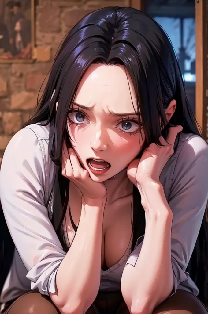 (suspense scene ((CONCEPT ART)), extremely detailed with a girl wearing jeans with brown coat and boots), (better lighting, better shadow, an extremely delicate and scary), (digital illustration), ((4k painting)), [(dynamic angle,((1girl)),white hair, (beautiful face, perfect face, scared,) expression of fear, torn clothes, a gun in hand, sitting on the floor, darkness, scary house),  [:(dark, mysterious, game paint, sinister setting, jagged corridors, big house, deadly silence):]