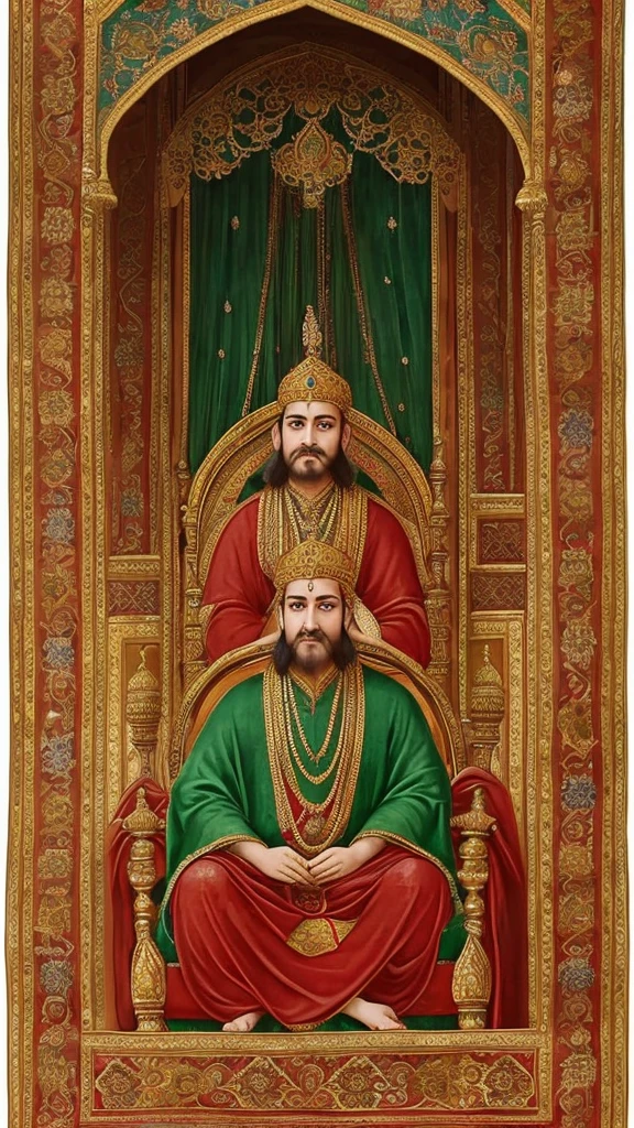 "King Akbar of ancient India, seated on an ornate throne in a grand Mughal palace. He is dressed in regal, richly embroidered robes and adorned with precious jewels and a majestic turban. The throne room is decorated with intricate Persian carpets, elegant pillars, and elaborate arches. Courtiers and advisors stand respectfully around him, and a large window behind him offers a view of lush gardens and a distant fort. The atmosphere is one of grandeur, power, and cultural richness."
