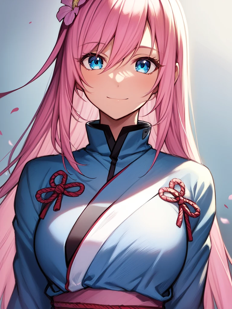 ((spiked hair)), ((long hair)), ((light pink hair)), ((light blue eyes)), ((cheerful expression)), (shinobi clothing)), ((light skin)), ((flowers)), ((complementary colors)), ((mature female)), 1girl, beautifully drawn, high resolution illustration, best quality, High definition, ((detailed anime sketch)), Masterpiece, (solo), absurdres, portrait, ((upper body)), detailed background, fine detail, female focus, HDR,