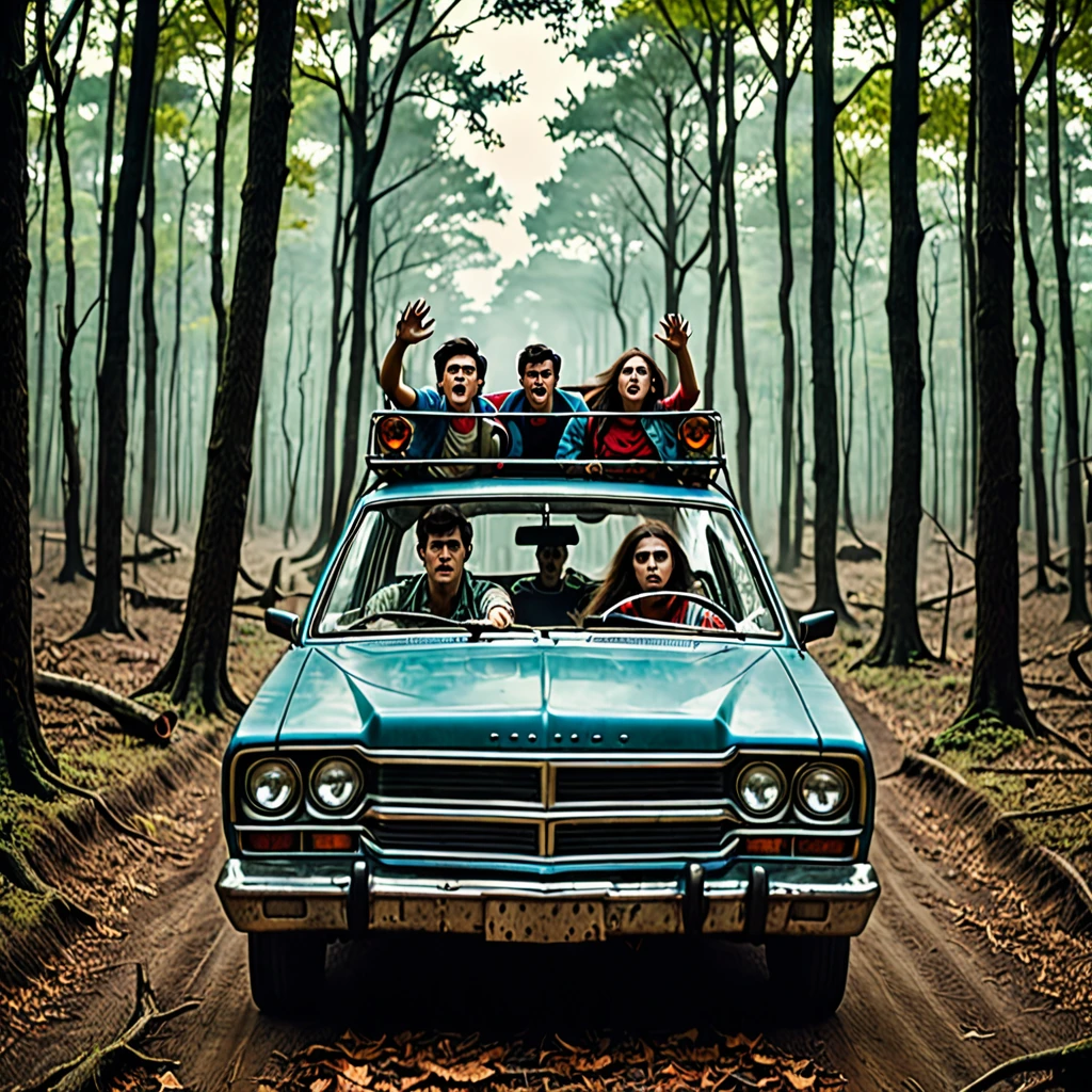 Young people traveling by car in the middle of a forest haunted by demons like The Evil Dead atmosphere.