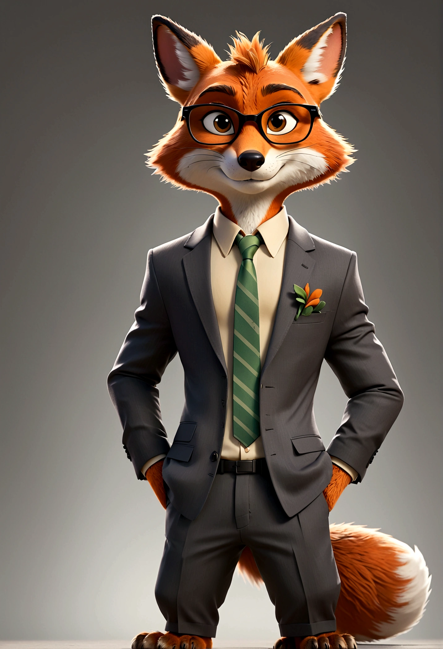 fox dressed in a suit and glasses standing with his hands in his pockets, style of zootopia, movie character, zootopia movie style, zootopia style, looking heckin cool and stylish, in style of zootopia, in style of disney zootopia, rabbt_character, fox stylized furry, anthropomorphic gangster fox, multiple poses and expressions, 4 poses, full body, white background, black sunglasses