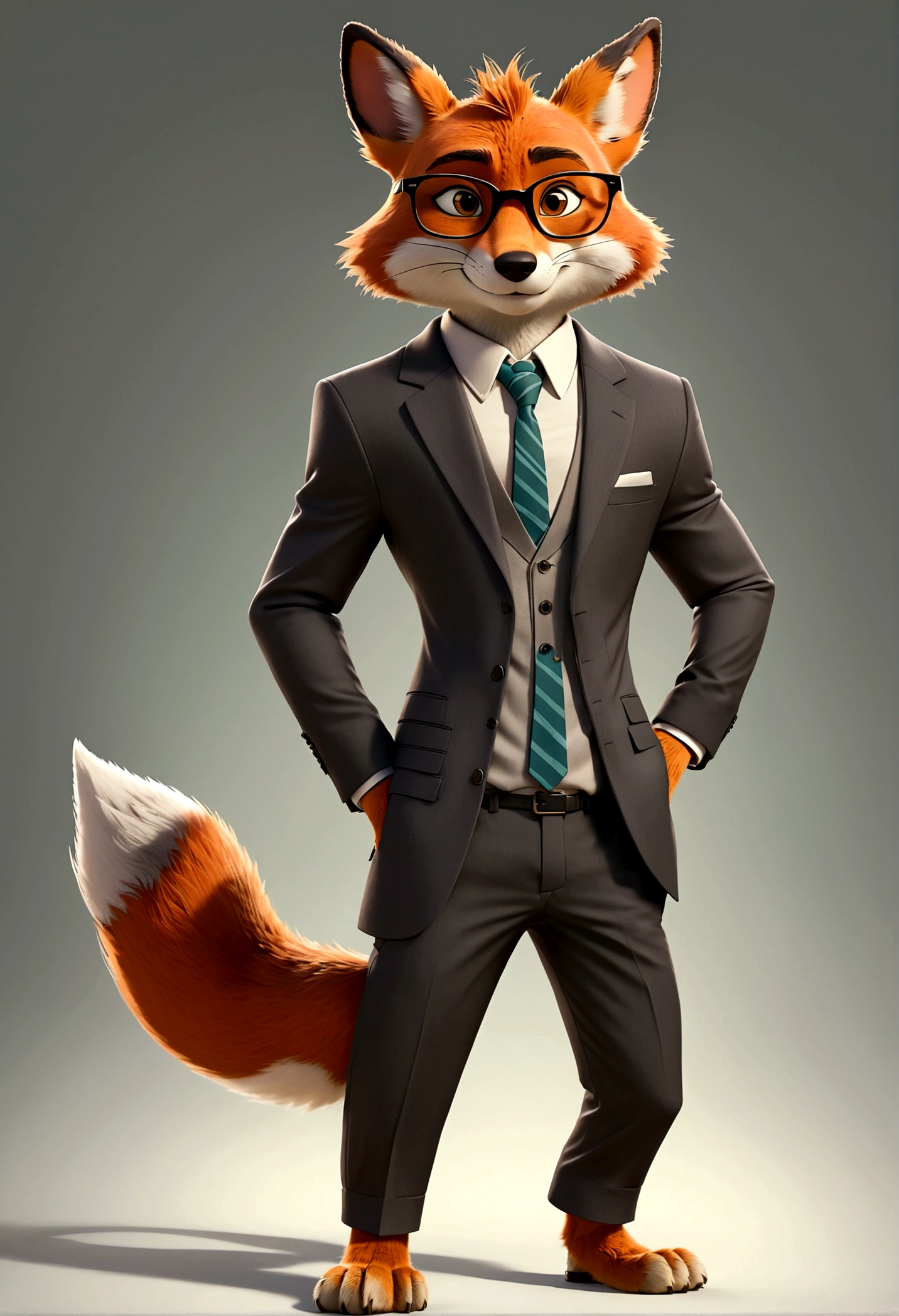 fox dressed in a suit and glasses standing with his hands in his pockets, style of zootopia, movie character, zootopia movie style, zootopia style, looking heckin cool and stylish, in style of zootopia, in style of disney zootopia, rabbt_character, fox stylized furry, anthropomorphic gangster fox, multiple poses and expressions, 4 poses, full body, white background, black sunglasses