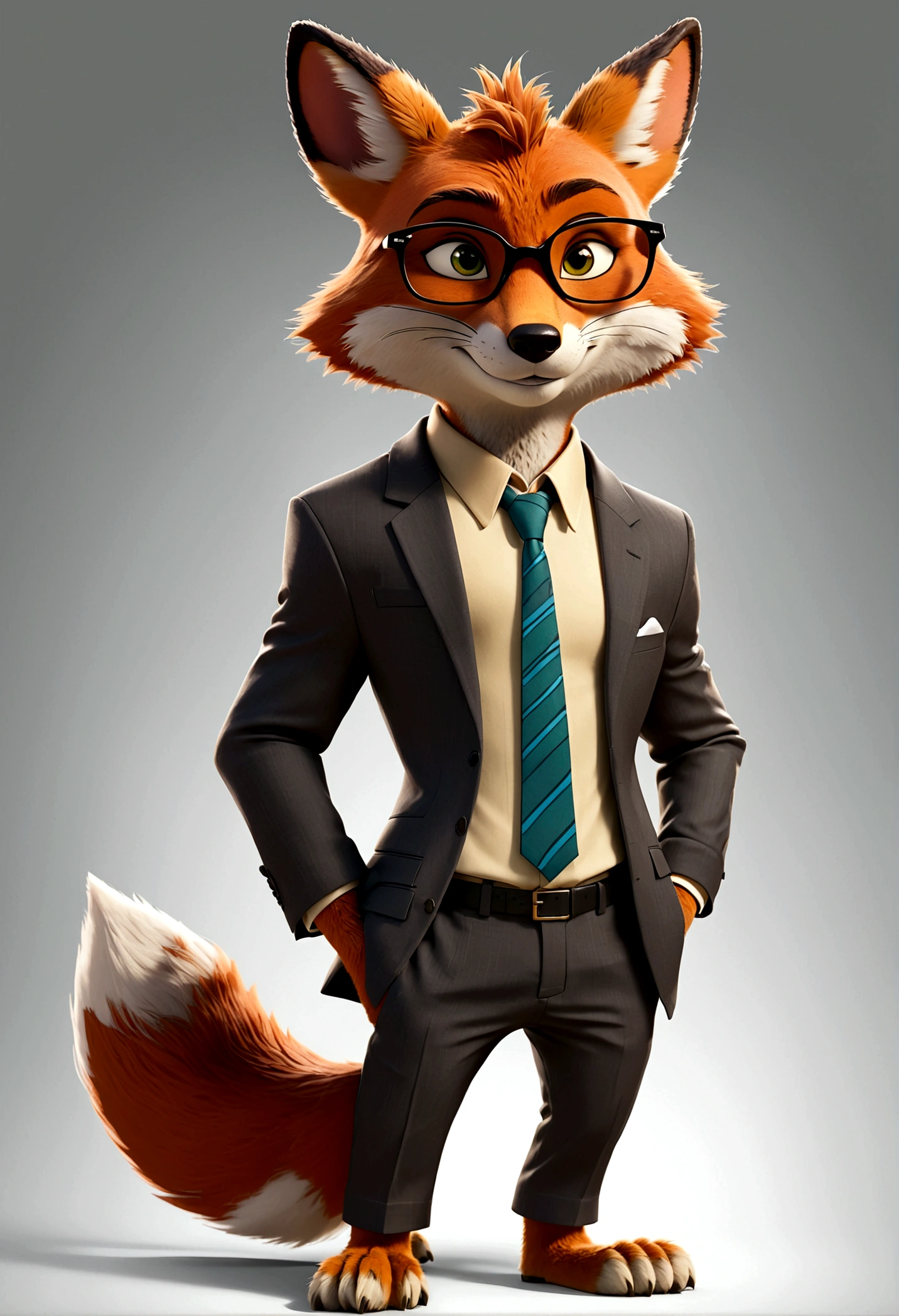 fox dressed in a suit and glasses standing with his hands in his pockets, style of zootopia, movie character, zootopia movie style, zootopia style, looking heckin cool and stylish, in style of zootopia, in style of disney zootopia, rabbt_character, fox stylized furry, anthropomorphic gangster fox, multiple poses and expressions, 4 poses, full body, white background, black sunglasses