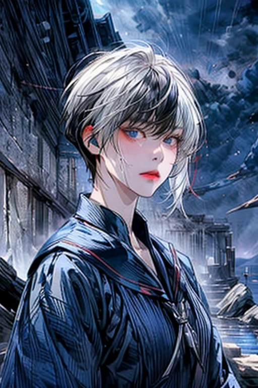 masterpiece,best quality,ultra-detailed,8k,high resolution,vulcn style, Black and Red,One Girl,(short hair:1.2),Highly detailed eyes,Highly detailed face,Very fine hair,8k,masterpiece,Highest quality,(Left and right split theme:0.8),Without gaps,Heterochromia iridis,((2 tone hair:1.0)),(Chiaroscuro:1.0),(On the left are black hair and red eyes,On the right are white hair and blue eyes:1.2),(Sailor suit:1.2),Complete Anatomy,the whole body is facing forward