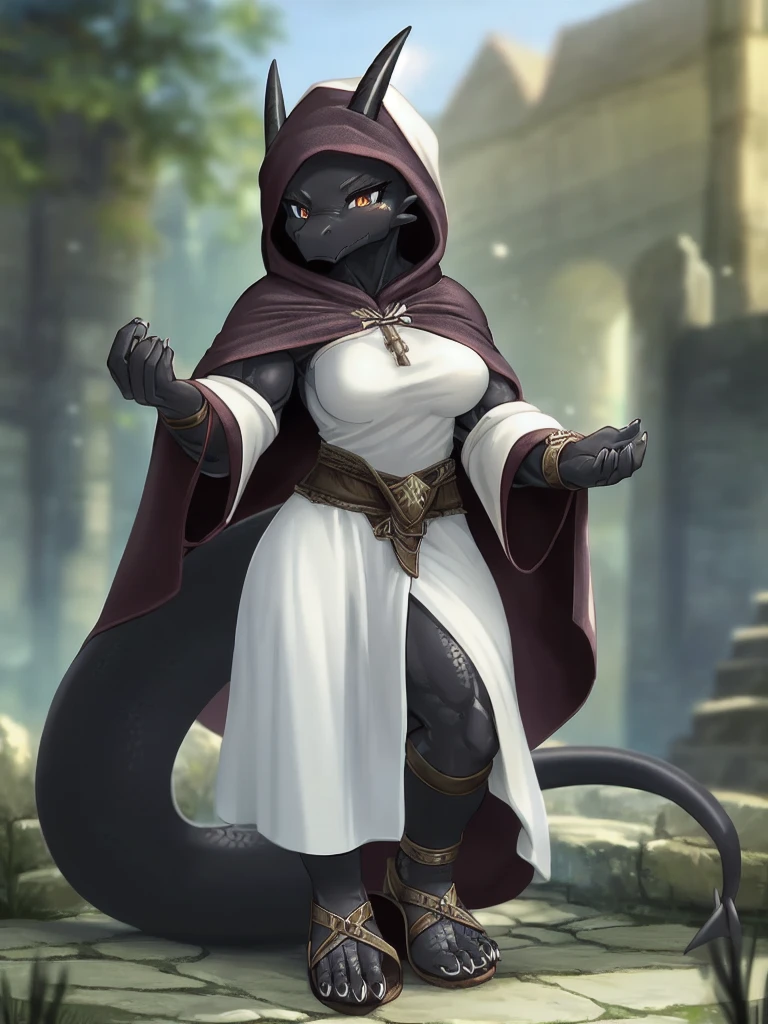 solo, kemono, (dragon), anthro, female, ((black body)), scales, tail, muscles, medium breasts beautiful feet, maxi skirt, hooded cloak, white robes, medieval, fantasy, outdoors, outside, toe claws, strap leather sandals, leg guards, epic, depth of field, perfect lighting,(best quality),(masterpiece),(ultra detailed)