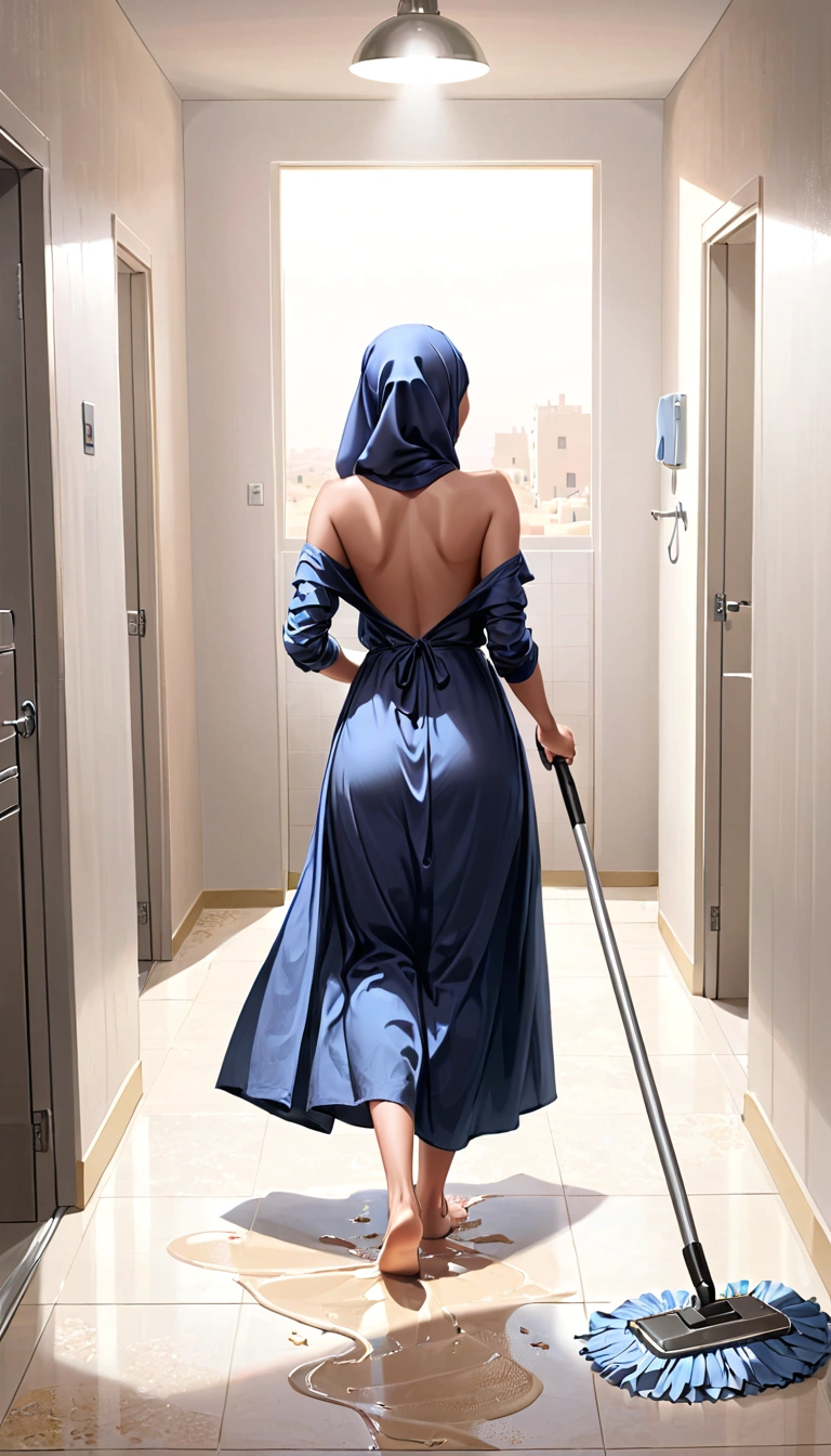 Arab woman in hijab nude arm nude shoulder cleaning the ground housekeeping room view from back sitting view from up 