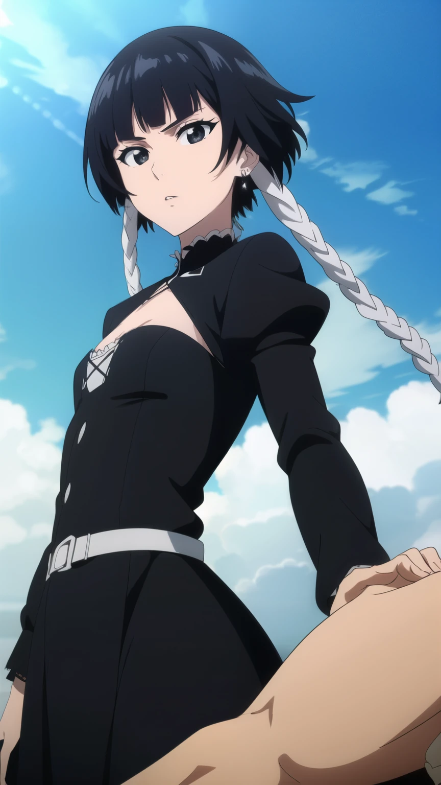 soifon, soifon, short hair, bangs, black hair, short hair with long locks, (black eyes:1.2), small breasts,(slender:1.2),Glare, (Gothic Lolita fashion, gosick dress, earrings:1.2), solo, 
dynamic pose, dynamic angles, looking at viewer,
 (masterpiece best quality, 8k:1.2),(anime), high resolution, unity 8k wallpaper, (beautiful detailed eyes:1.2), extremely detailed face, perfect lighting, extremely detailed CG, (perfect hands, perfect anatomy),