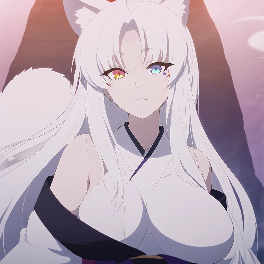 beautiful white neko, long white neko ears, white neko tail, anime style, purple eye, blue eye, big breasts, extremely detailed eyes and face, Wearing white and black open shoulder kimono, white long hair, heterochromia, wide waist, mature woman, beauty mark under right eye.