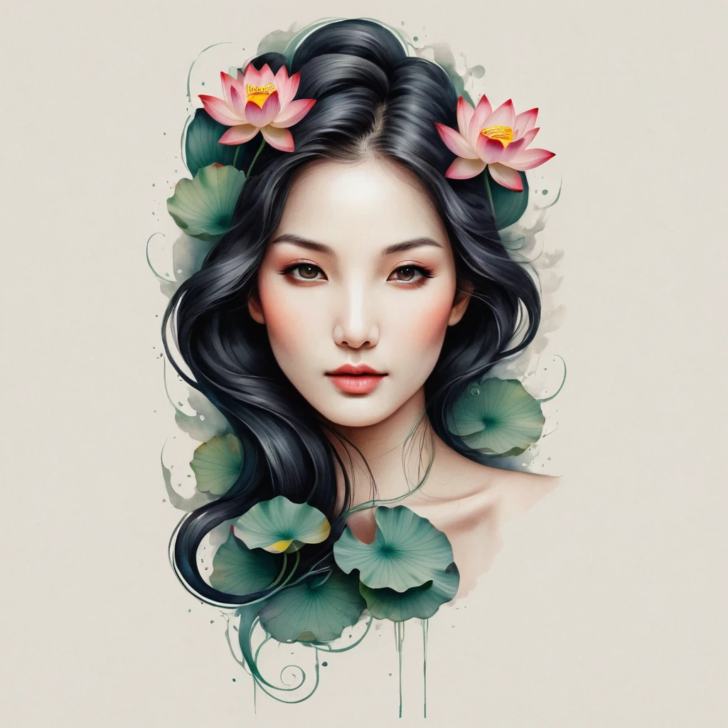 Modern minimalist art，（Close-up of a woman with a lotus tattoo on her neck）,This woman has a pretty face，Black long hair，（Lotus Tattoo On Neck：1.3），Flowing hair illustration，Fair face，fox, slim, beautiful eyes， Elegant digital art, Beautiful digital illustrations, Beautiful character painting, 