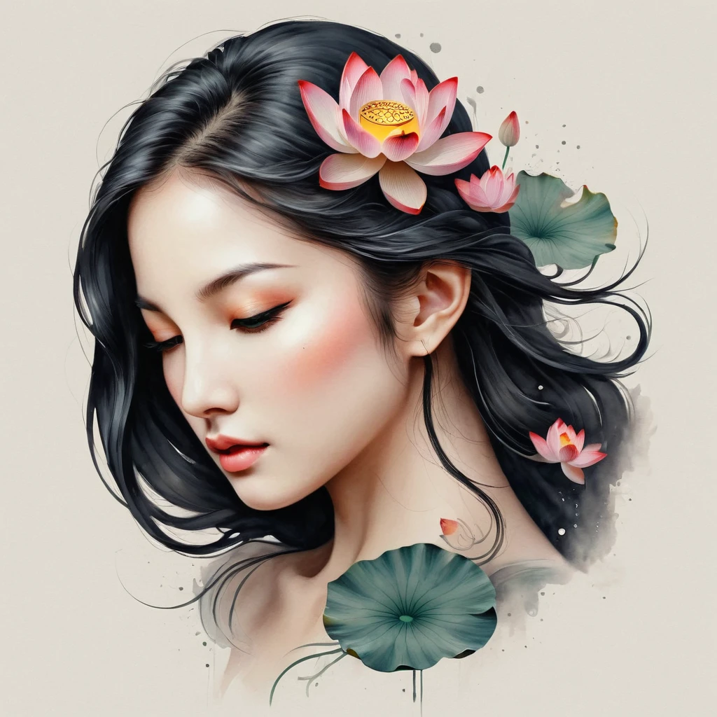 Modern minimalist art，（Close-up of a woman with a lotus tattoo on her neck）,This woman has a pretty face，Black long hair，（Lotus Tattoo On Neck：1.3），Flowing hair illustration，Fair face，fox, slim, beautiful eyes， Elegant digital art, Beautiful digital illustrations, Beautiful character painting, 