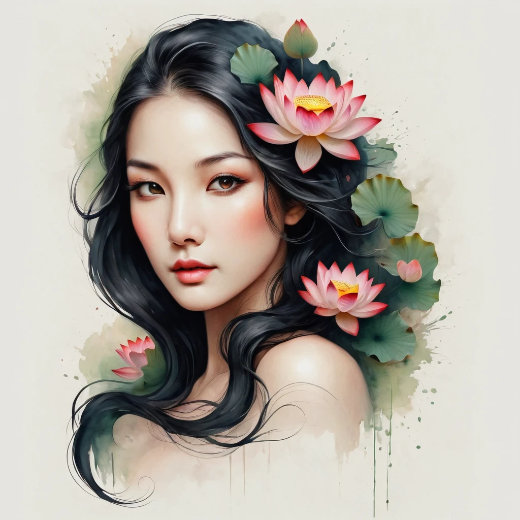 Modern minimalist art，（Close-up of a woman with a lotus tattoo on her neck）,This woman has a pretty face，Black long hair，（Lotus Tattoo On Neck：1.3），Flowing hair illustration，Fair face，fox, slim, beautiful eyes， Elegant digital art, Beautiful digital illustrations, Beautiful character painting, 