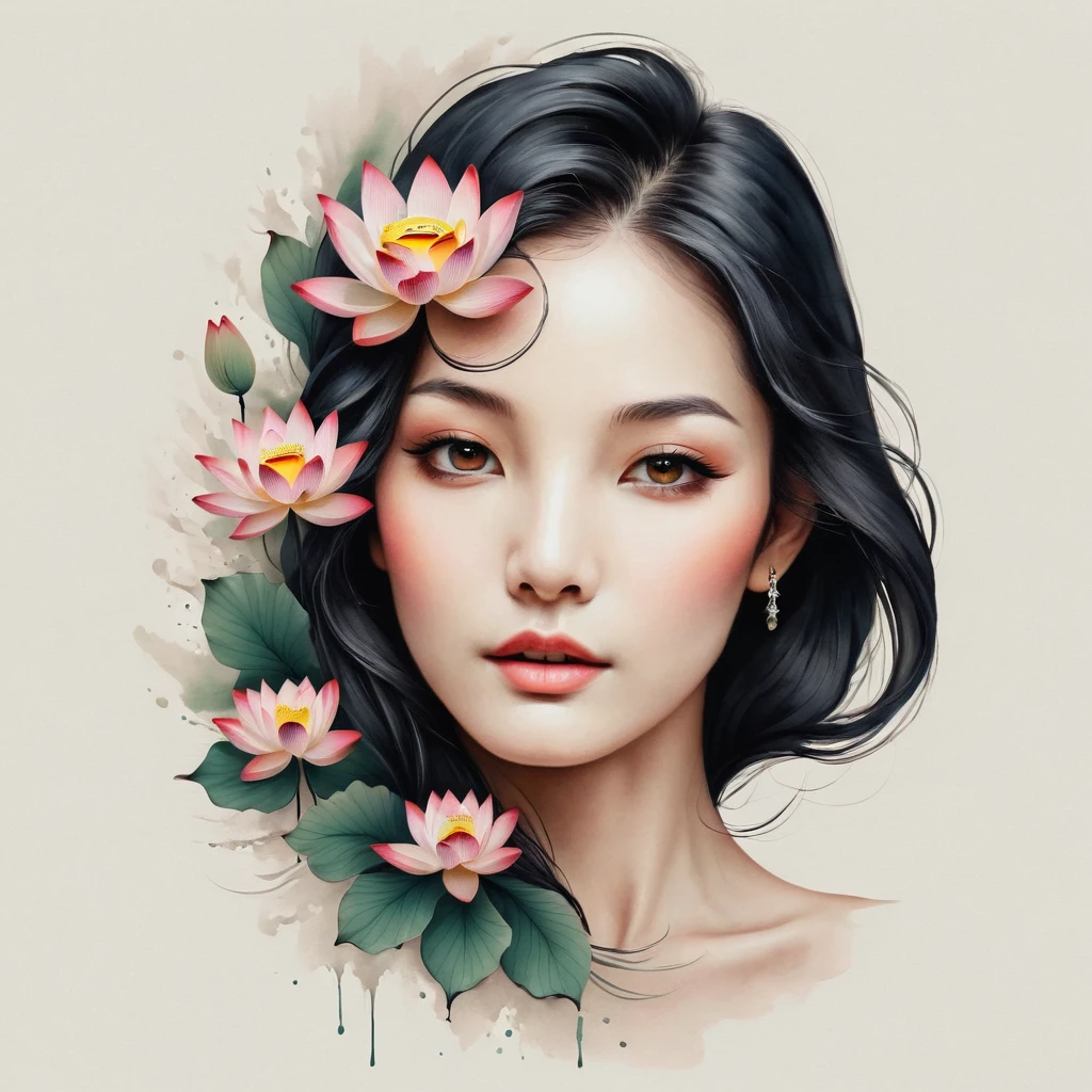 Modern minimalist art，（Close-up of a woman with a lotus tattoo on her neck）,This woman has a pretty face，Black long hair，（Lotus Tattoo On Neck：1.3），Flowing hair illustration，Fair face，fox, slim, beautiful eyes， Elegant digital art, Beautiful digital illustrations, Beautiful character painting, 