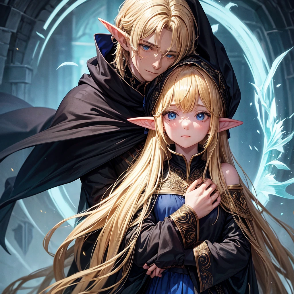 The elf man with a black cloak and golden embroidery is hugging a girl with a black cloak and blue embroidery tightly, and the girl is worried and looking at the face of the elf man.