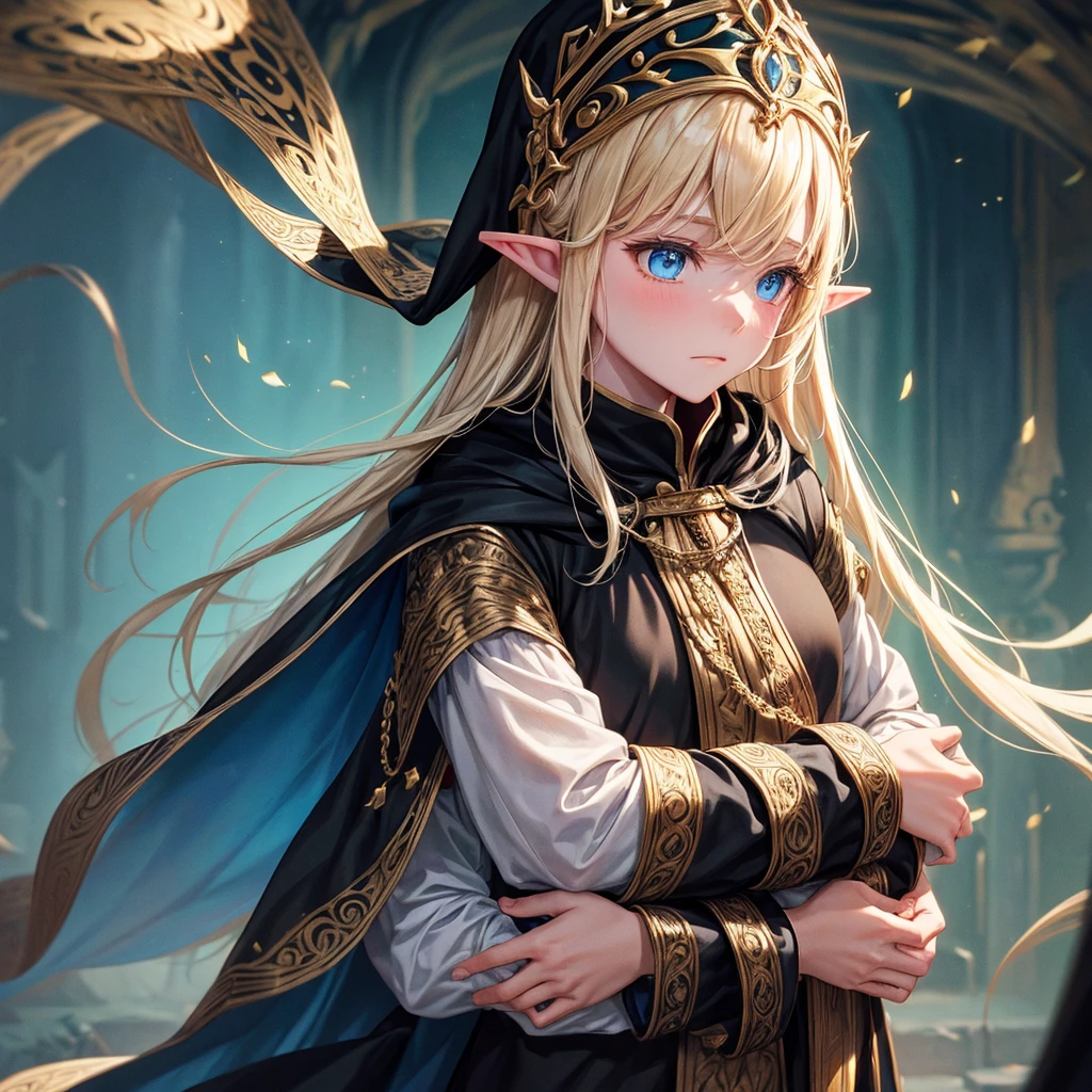The elf man with a black cloak and golden embroidery is hugging a girl with a black cloak and blue embroidery tightly, and the girl is worried and looking at the face of the elf man.