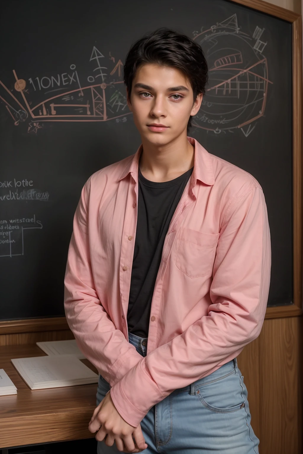 A young, cute, beautiful male twink with a face with make-up and red lips. He has black hair. He is wearing a long-sleeved, pink shirt and aqua blue pants. He is in his scientific office, sitting, and behind him is a blackboard with chemical reactions and blood cells written on it. He looks proudly, and his eyes have dark circles underneath them.