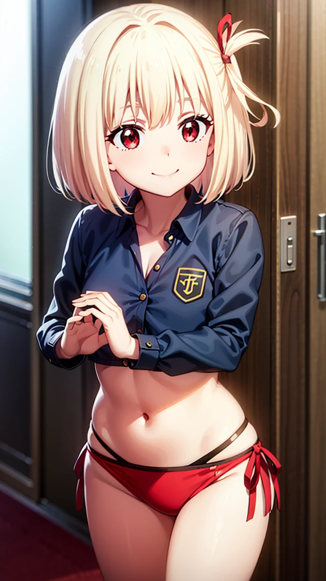 Chisato, looking down, cat pose hands, Short hair, Bangs, Blonde hair, (Red Eyes:1.5), Hair Ribbon, One side up, bob cuts,a smile、beautiful pose、bikini 