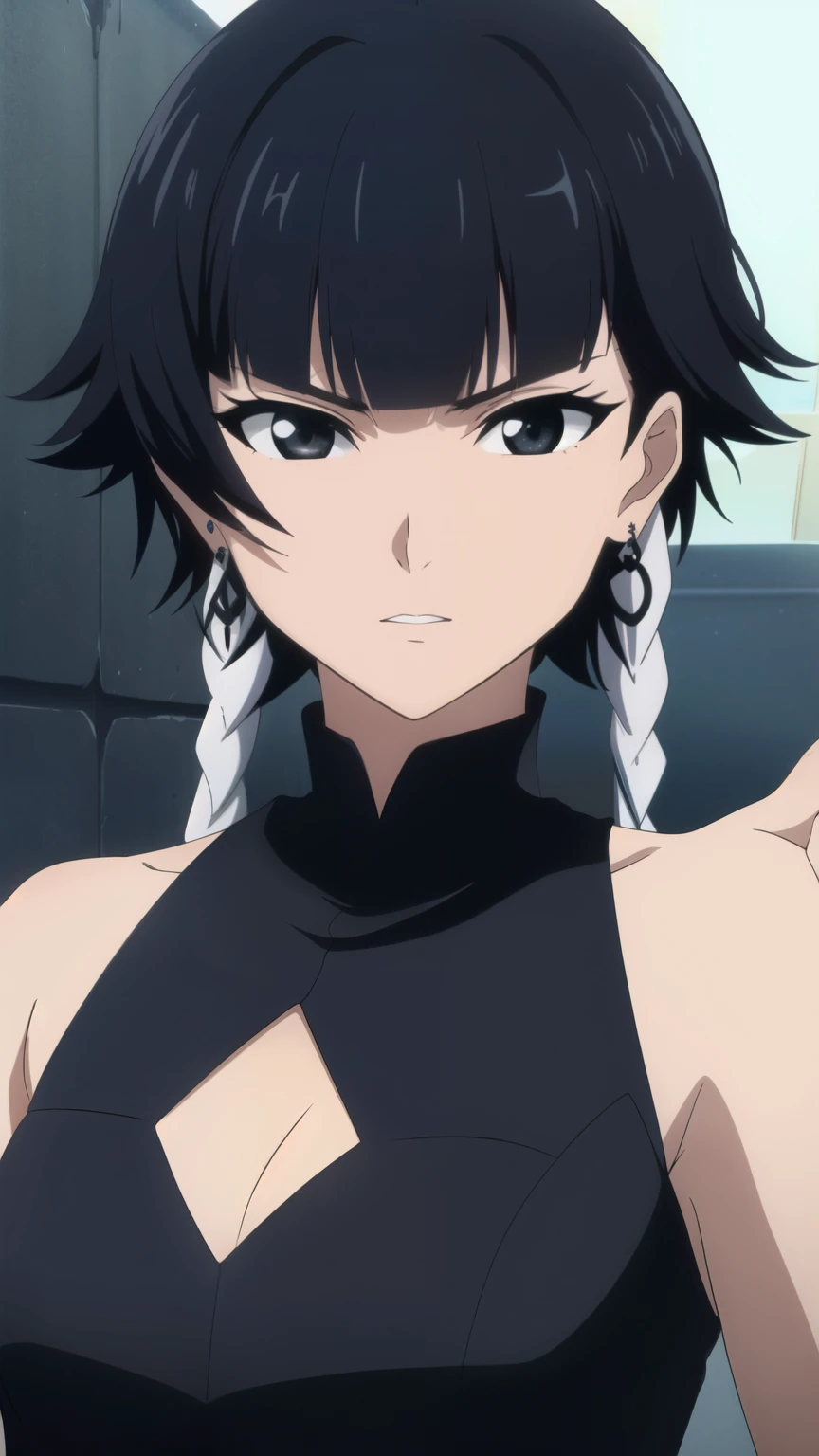 soifon, soifon, short hair, bangs, black hair, short hair with long locks, (black eyes:1.2), small breasts,(slender:1.2),Glare, (Gothic ****ta fashion, gosick dress, earrings:1.2), solo, 
dynamic pose, dynamic angles, looking at viewer,
 (masterpiece best quality, 8k:1.2),(anime), high resolution, unity 8k wallpaper, (beautiful detailed eyes:1.2), extremely detailed face, perfect lighting, extremely detailed CG, (perfect hands, perfect anatomy),