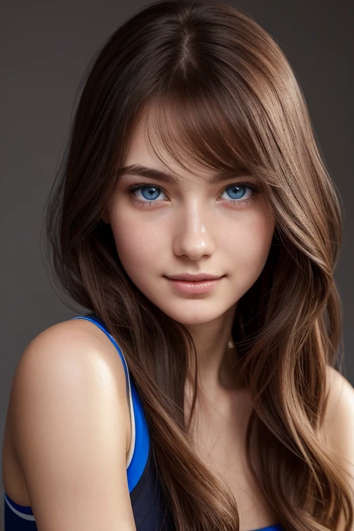 16 years old girl, beautiful big striking blue eyes, delicate black eyebrows, rosy cheeks, red lips, smiling face very white skin, long wavy orange hair cascading around her face and shoulders, detailed eyelashes, photorealistic cyberpunk style, perfectly focused, creamy smooth complexion, beautifully lit by soft diffused studio lights, extremely fine details, finely textured skin and hair full head to toe photo, wearing sport leggings