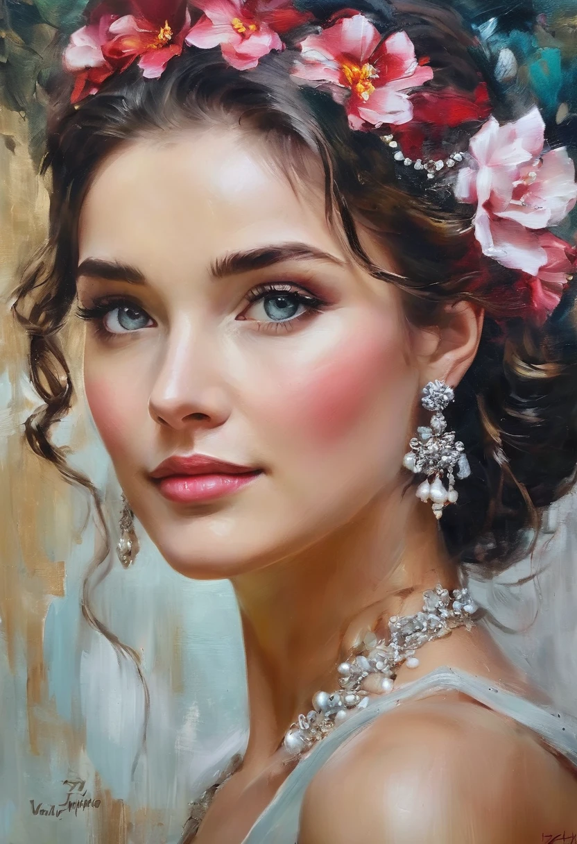 Close-up, half body of a beautiful woman, dark tousled hair pinned up in a vintage dress, large earrings, oil on linen, oil on canvas, hyper realistic oil painting, visually stunning, realistic oil painting, trending on Artstation, hyper quality, ultra detail, Charlie Style Bowater, Konstantin Razumov, Vladimir Volegov, 8k, masterpiece, best quality
