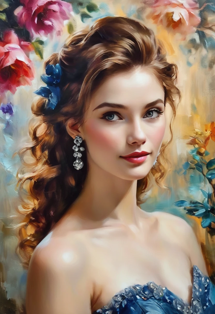 Close-up, half body of a beautiful woman, dark tousled hair pinned up in a vintage dress, large earrings, oil on linen, oil on canvas, hyper realistic oil painting, visually stunning, realistic oil painting, trending on Artstation, hyper quality, ultra detail, Charlie Style Bowater, Konstantin Razumov, Vladimir Volegov, 8k, masterpiece, best quality