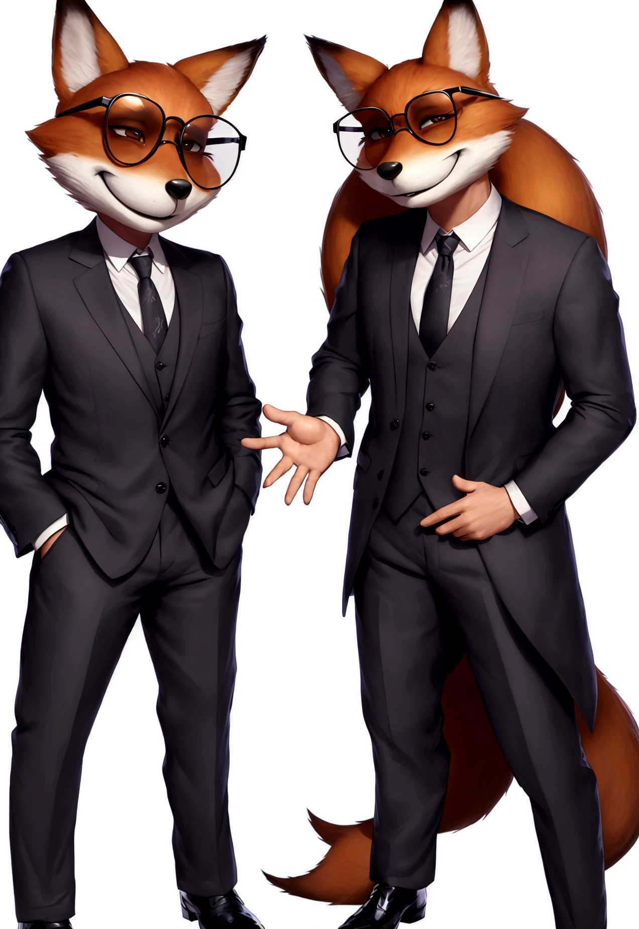 fox dressed in a suit and glasses standing with his hands in his pockets, style of zootopia, movie character, zootopia movie style, zootopia style, looking heckin cool and stylish, in style of zootopia, in style of disney zootopia, rabbt_character, fox stylized furry, anthropomorphic gangster fox, multiple poses and expressions, 4 poses, full body, white background, black sunglasses