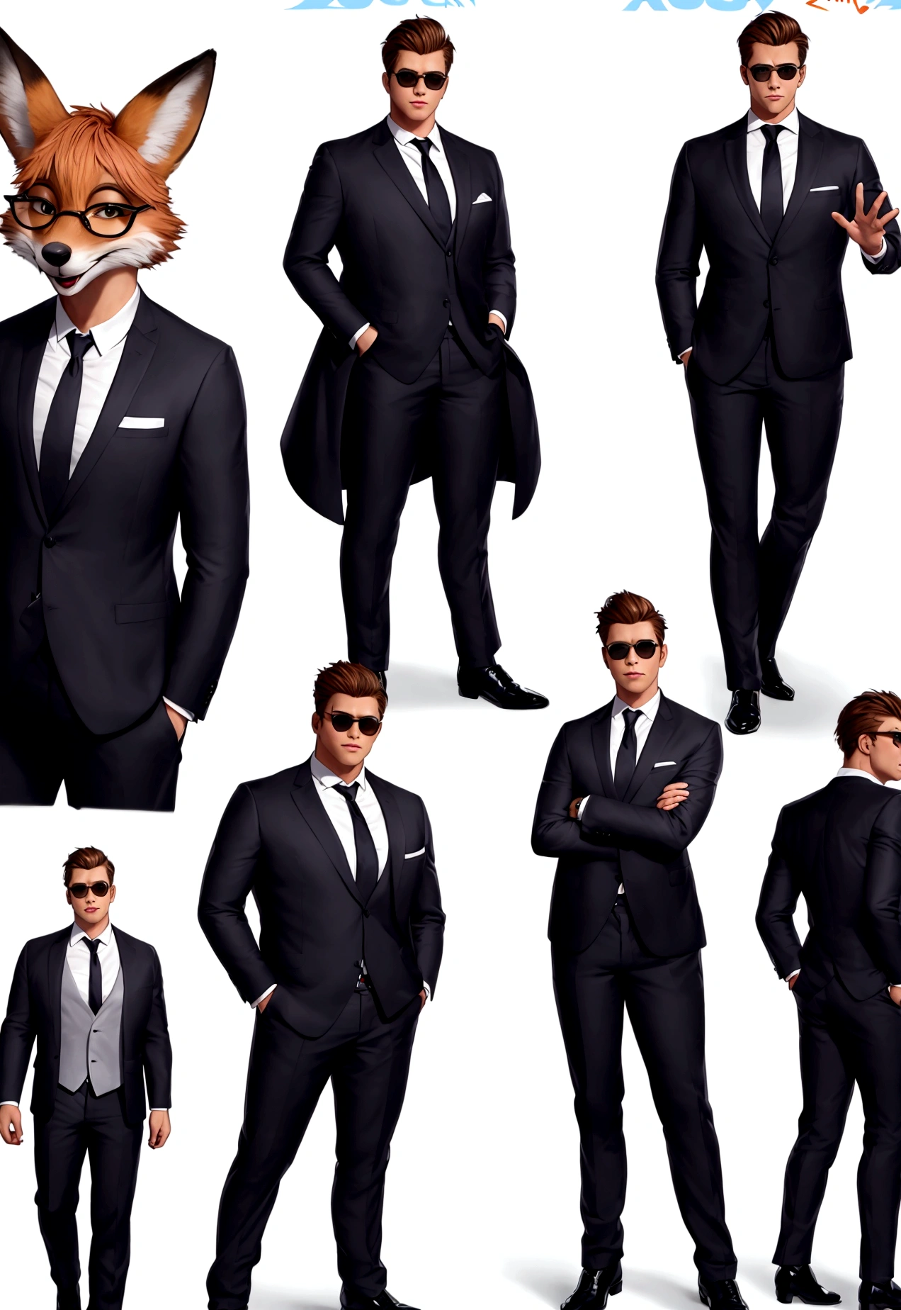 fox dressed in a suit and glasses standing with his hands in his pockets, style of zootopia, movie character, zootopia movie style, zootopia style, looking heckin cool and stylish, in style of zootopia, in style of disney zootopia, rabbt_character, fox stylized furry, anthropomorphic gangster fox, multiple poses and expressions, 4 poses, full body, white background, black sunglasses