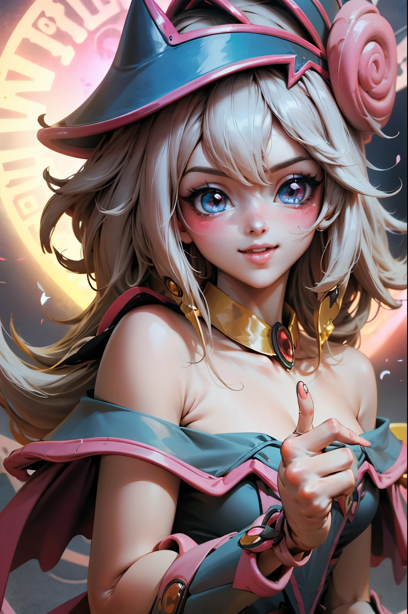 Crea el hermoso rostro de dark magician gils. Ojos azules. Labios rosados. Tes blanca. Cabello rubio. girl smile. Hombros destapados. Collar en el cuello. Rostro de gils mago oscuro. His hands make the sign of peace and love. Paz y amor en sus manos. 