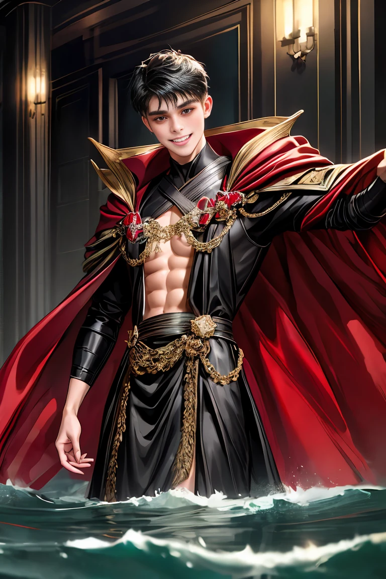 She is wearing a sexy, voluminous black and red cape on her naked body.、Beautiful gay man、Drowning in pleasure、Messy black hair、Disarrayed Cloak、A look of disarrayed pleasure
