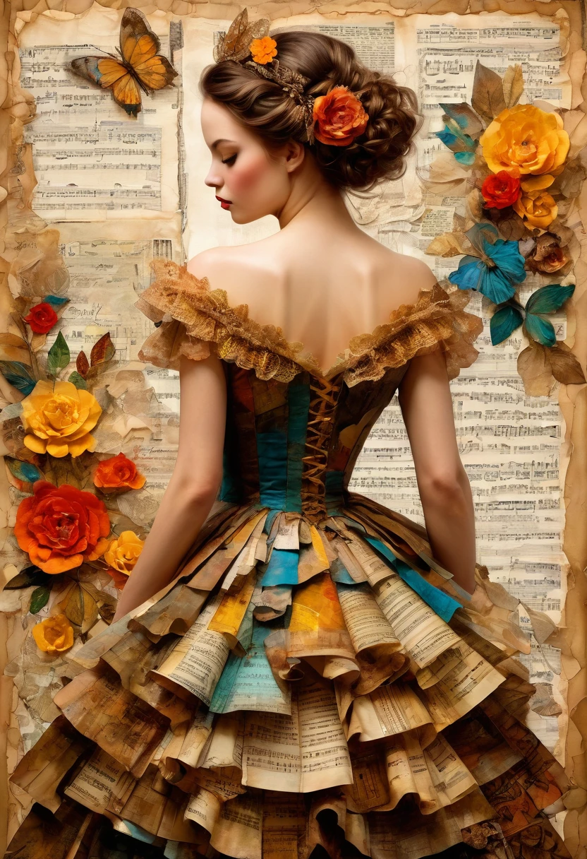 Super detailed alcohol ink painting of gorgeous girl, Made on top of a mixed-media masterpiece patchwork of stress-free vintage script paper, Ephemera, Torn cardboard, Vintage newspaper, Vintage sheet music, Wax Seal, Dress made of paper ruffles and life-size dainty lace, in the style of [Junk Journal, double exposure, Equal to the size of the body, Greg Simkins, Mark Davis, Oliver Jeffers, Andy Kehoe], Cinematic, Stunning, Highly detailed, 8K, dehazed