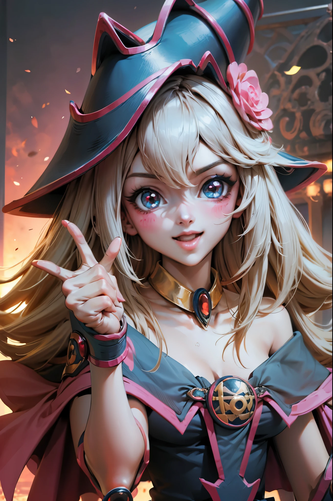 Crea el hermoso rostro de dark magician gils. Ojos azules. Labios rosados. Tes blanca. Cabello rubio. girl smile. Hombros destapados. Collar en el cuello. Rostro de gils mago oscuro. His hands make the sign of peace and love. Paz y amor en sus manos. 