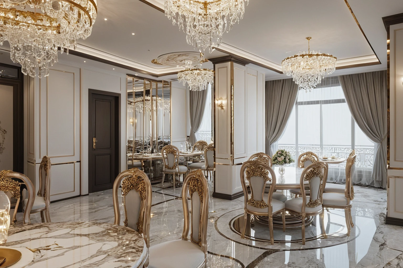 ,Masterpiece, Best quality,8K, Ultra-high resolution,When you step into the dinning room of restaurant room,Immediately surrounded by a rich atmosphere of luxury. The space was covered with a soft white fluffy blanket,It is so comfortable,So much so that you can't help but indulge in it。Embellished with precious porcelain and white-off gold ornaments。Whenever it is late afternoon,The afterglow from the window spilled on the floor,Soft light and shadow are reflected,It was as if entering a dreamland. ((Wooden chair and table : 1.3)), ((COLUMN MIRROR : 1.3))