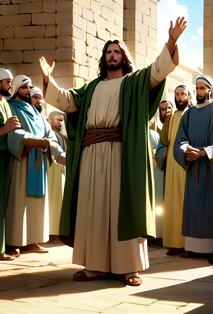 Jesus Christ preaching his teachings to the people of Jerusalem, with professional cinematic style and natural light