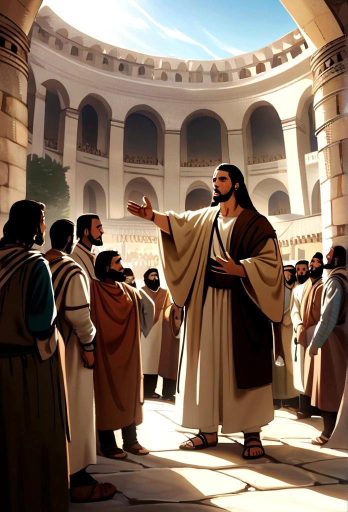 Jesus Christ preaching his teachings to the people of Jerusalem, with professional cinematic style and natural light