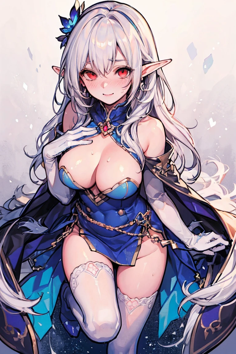 White Hair, Long Hair、Red eyes ,Blue eyeshadow, One Girl, alone, , Earrings ,Show Viewer, blush, , long white elbow satin gloves, Clothing covering the chest Jewelry, very, A kind smile, Long white elbow gloves, White gloves, 、whole body、sexy、Knee-high socks、Sweaty。High resolution、8k、Attractive legs、Brown Skin Elf
