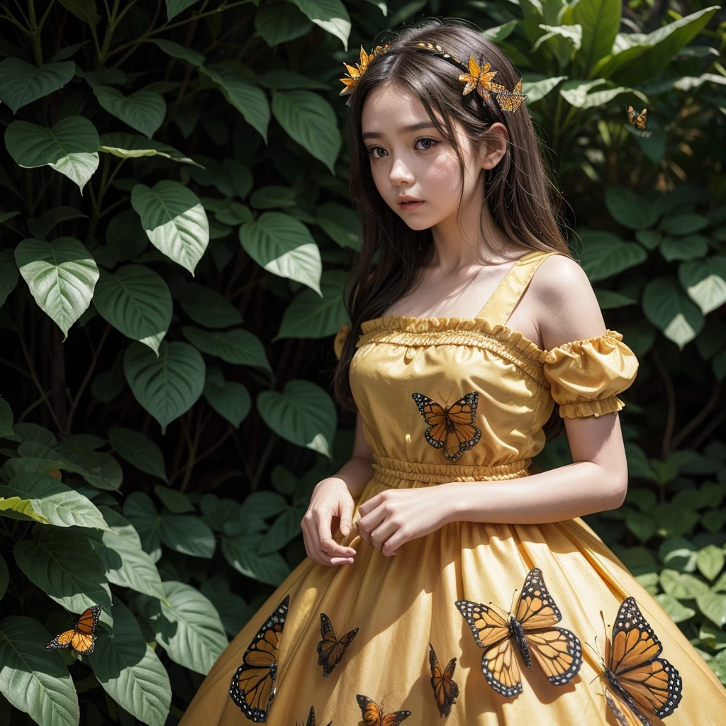 a girl with a dress full of monarch butterflies and around it some of the culture of Uruapan Michoacán drawing 