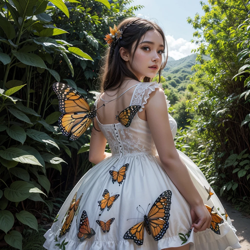 a girl with a dress full of monarch butterflies and around it some of the culture of Uruapan Michoacán drawing