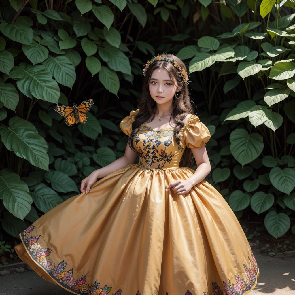 a girl with a dress full of monarch butterflies and around it some of the culture of Uruapan Michoacán drawing 