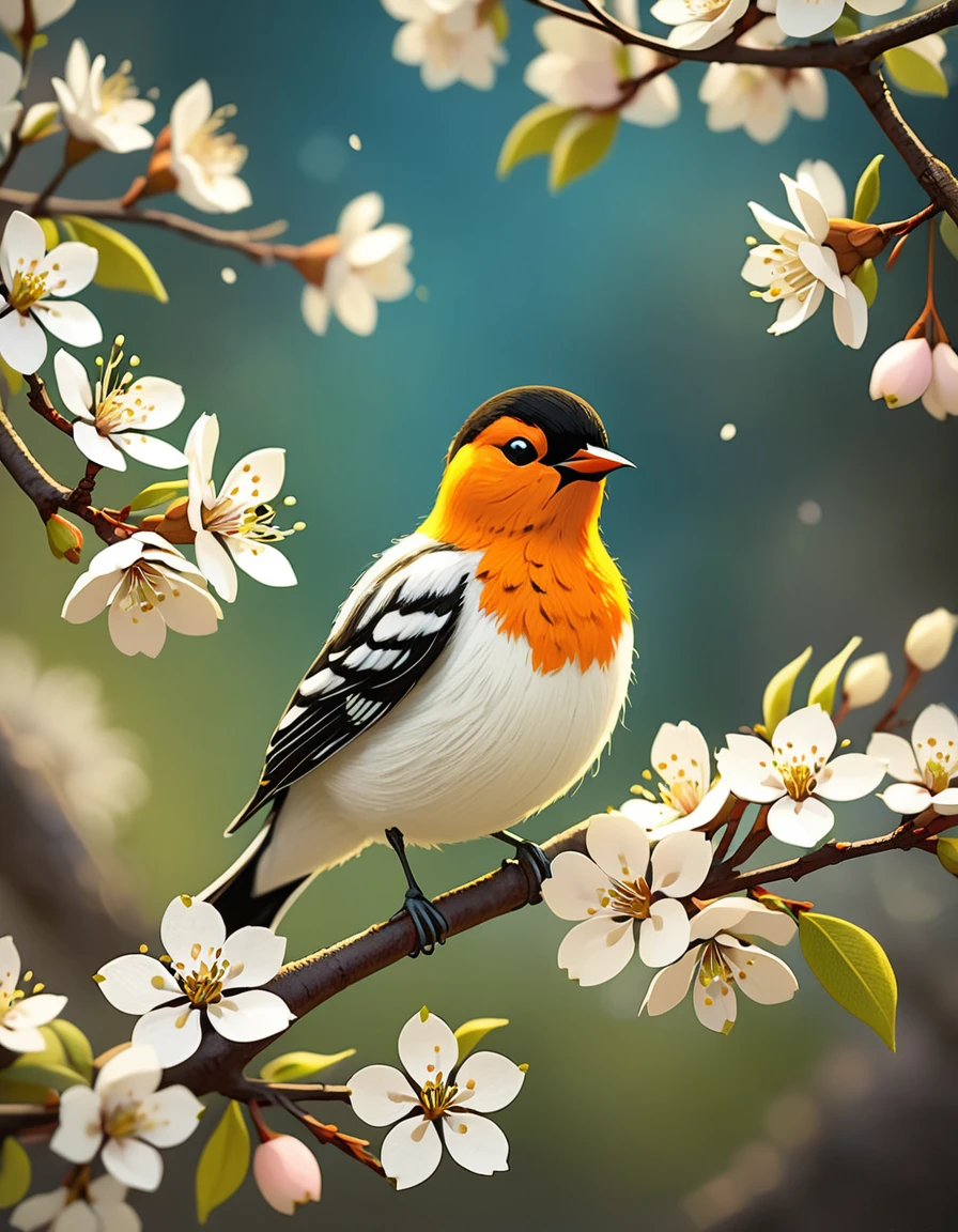 White pear blossoms, oriole bird,Nice felt creation,Very obvious wool texture, superb lighting, volumetrics, Jon Klassen, Ghibli Studio, Tilt - shift, in focus, 80mm lens, Large aperture, smooth, vibrant colors, high contrast, high saturation, high resolution artwork, sharp focus, HDR. 32k, --stylize 1000, masterpiece, best quality