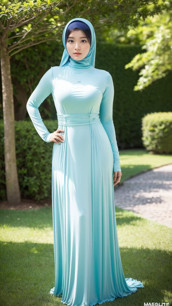(masutepiece,High quality,16k:1.1),(depth of fields:1.3) ,((front body:1.35)),  malay hijab ,young Girl,standard height,  Long Sleeve round neck T-shirt Maxi (((Tight))) Dress, huge breasts, thicc, curvy,(Looking at Viewer:1.3),(full body shot:1.2),