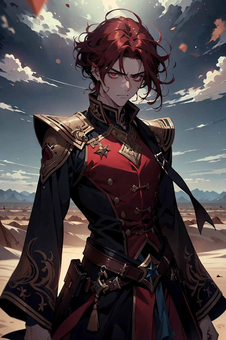 1men. masculino. solo male. Obra maestra de 8k, highest resolution, Cada detalle, detalle meticuloso, profundidad de campo, colores brillantes, hermosa composicion: awesome version of a male anime character, con cabello rojo brillante y ojos brillantes bellamente detallados. cabello corto con flequillo desordenado, standing against a desert background, vestido para el desierto. angry expression, 25 years old.