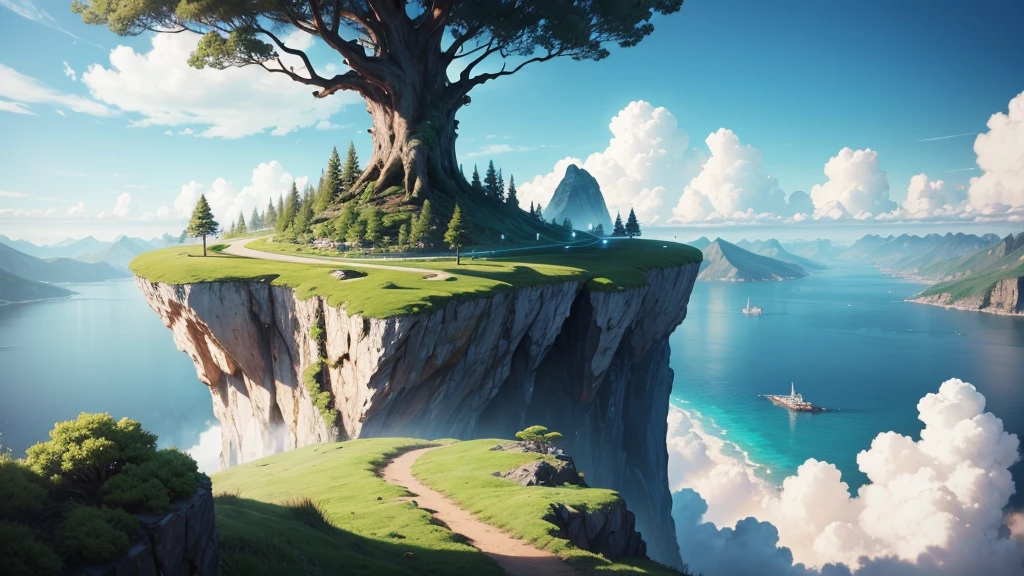 a close up of a tree on a cliff with a sky background, flying island in the sky, floating and flying island, an island floating in the air, floating island in the sky, flying island, floating mountains, island floating in the sky, anime nature, amazing wallpaper, epic matte painting of an island, made of tree and fantasy valley, floating island