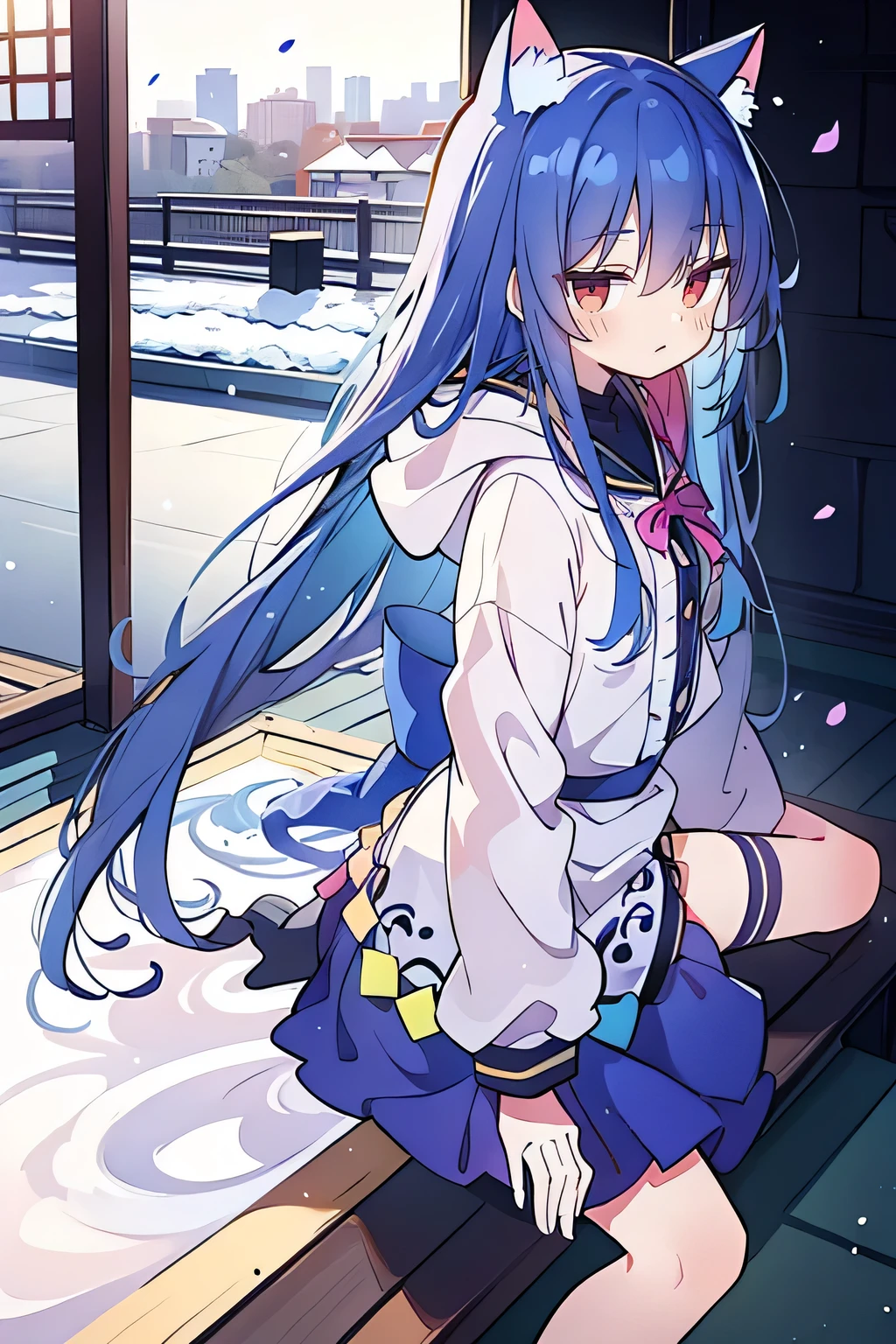 (masterpiece:1.2),Super detailed,lifelike,Expressive eyes,fair skin,perfect face shape,1 girl,
Japanese comics,Gorgeous blue hair,flowing blue hair,flowing clothes,Cat ears,Petals fall,beautiful lola,Baby Angel,
Shaking head with one hand,Cross your legs,Gentle and peaceful background,The pavilion is cool and comfortable,smile, wearing hoodie, background of tokyo,back views,snowing, winter.