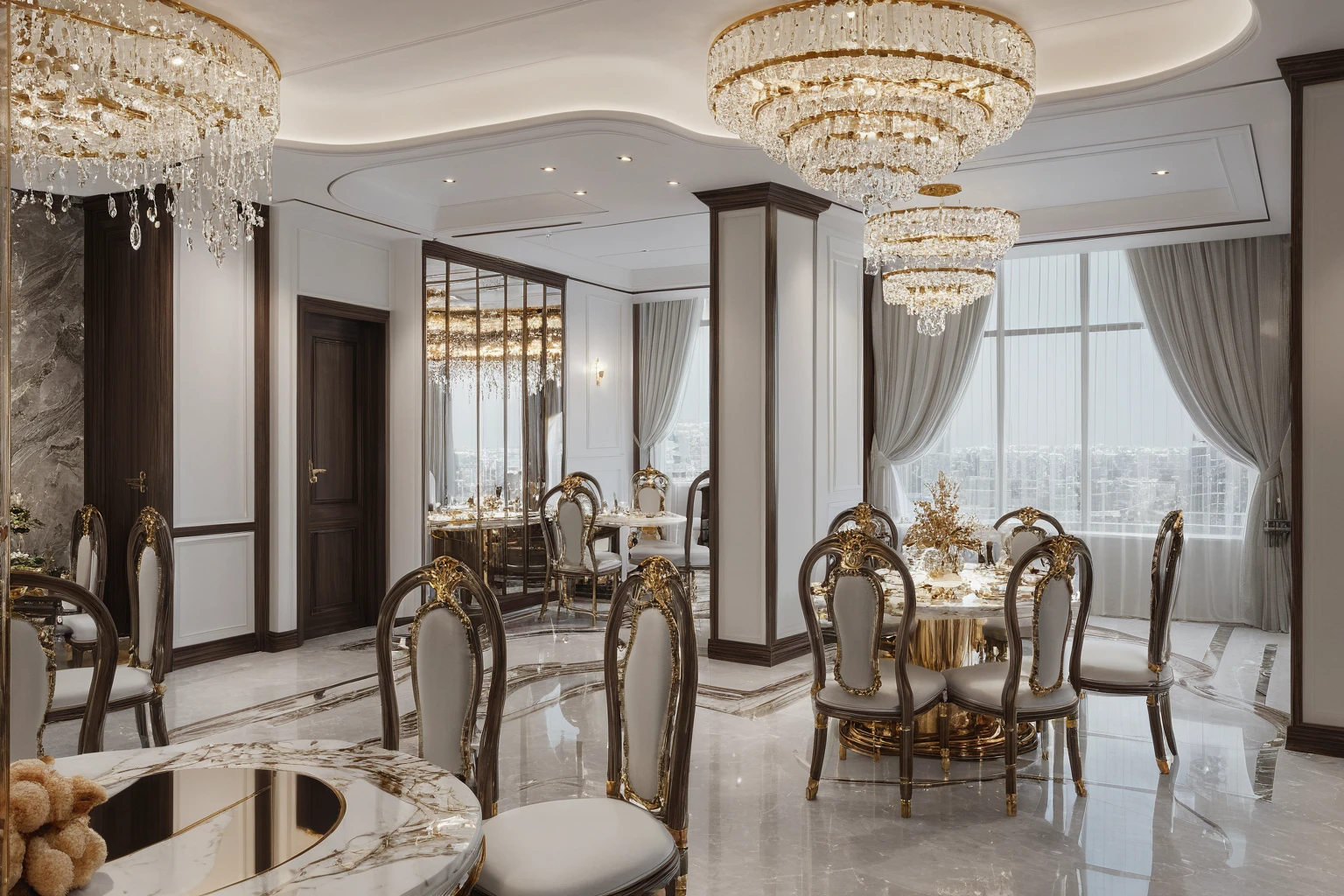 ,Masterpiece, Best quality,8K, Ultra-high resolution,When you step into the dinning room of restaurant room,Immediately surrounded by a rich atmosphere of luxury. The space was covered with a soft white fluffy blanket,It is so comfortable,So much so that you can't help but indulge in it。Embellished with precious porcelain and white-off gold ornaments。Whenever it is late afternoon,The afterglow from the window spilled on the floor,Soft light and shadow are reflected,It was as if entering a dreamland. ((Wooden chair and table : 1.3)), ((COLUMN MIRROR : 1.3))