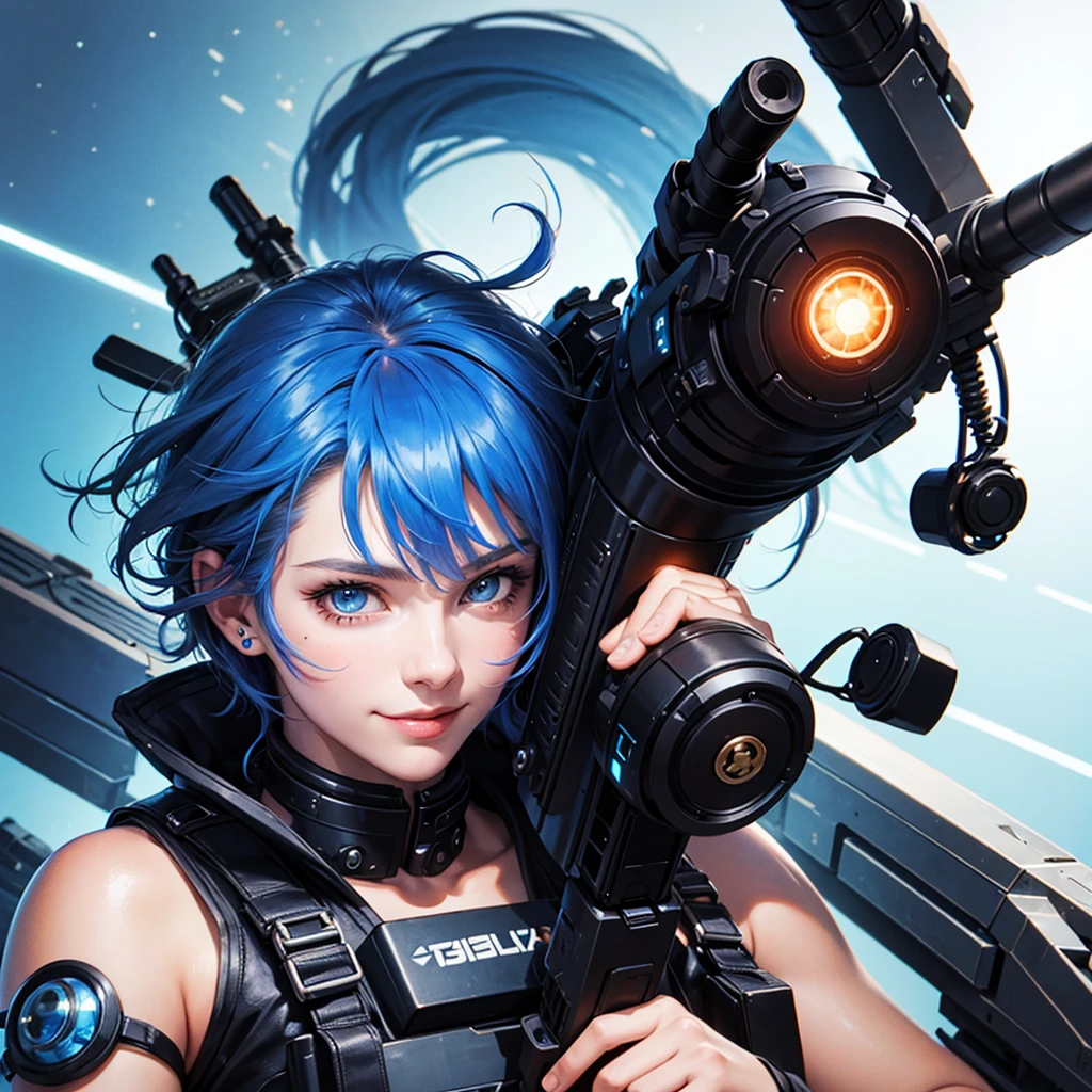 Cyborg boy with blue fiery hair with a gun and a beautiful smile