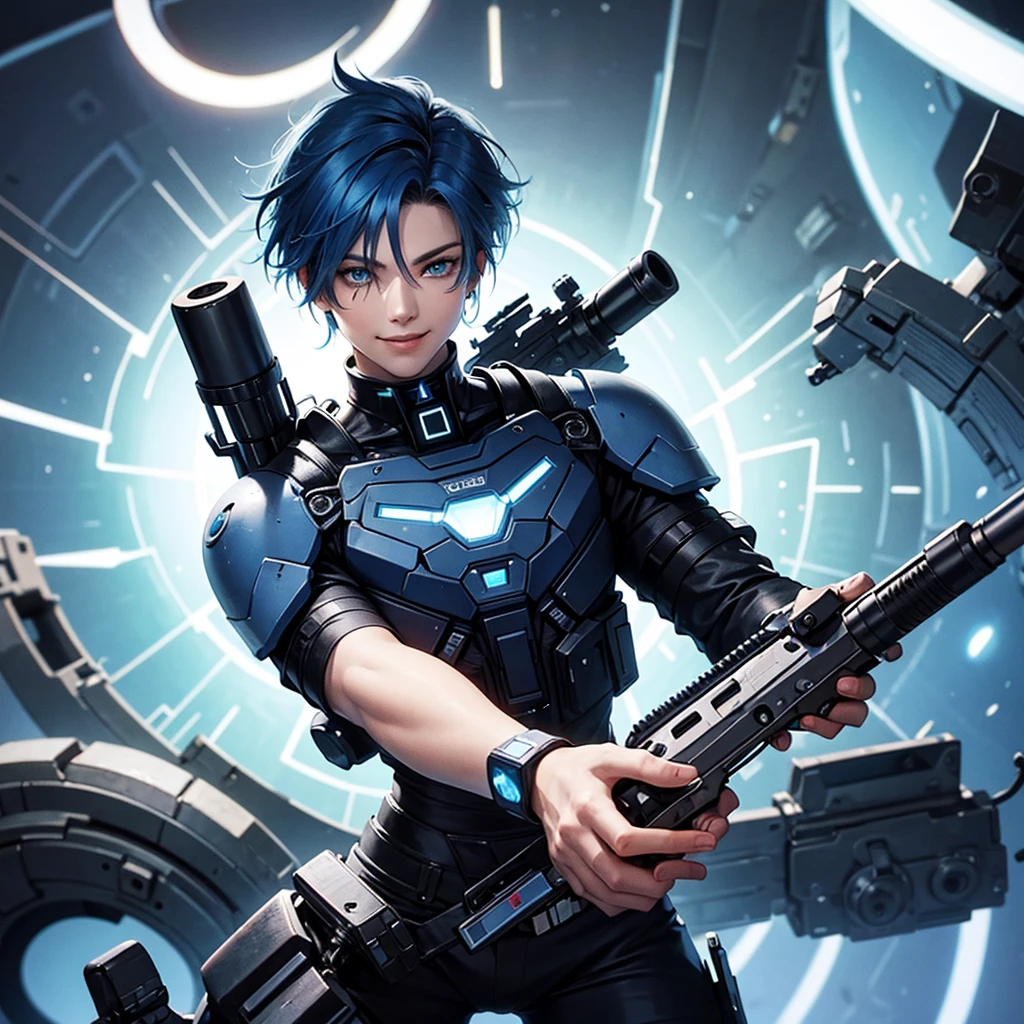 Cyborg boy with blue fiery hair with a gun and a beautiful smile 