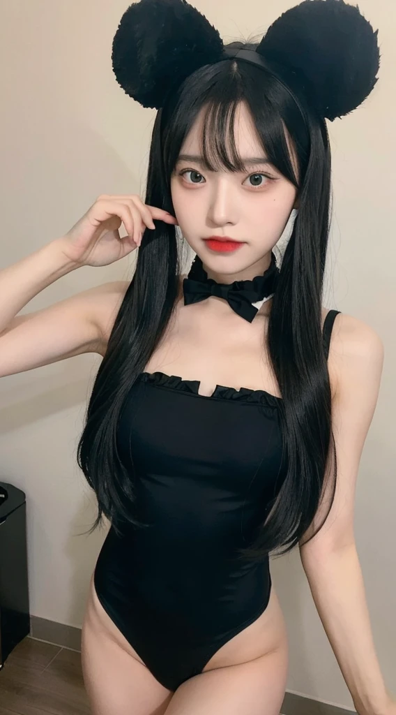 Girl in black wig with makeup with headbands with black rabbit ears dressed in black swimsuit cosplay