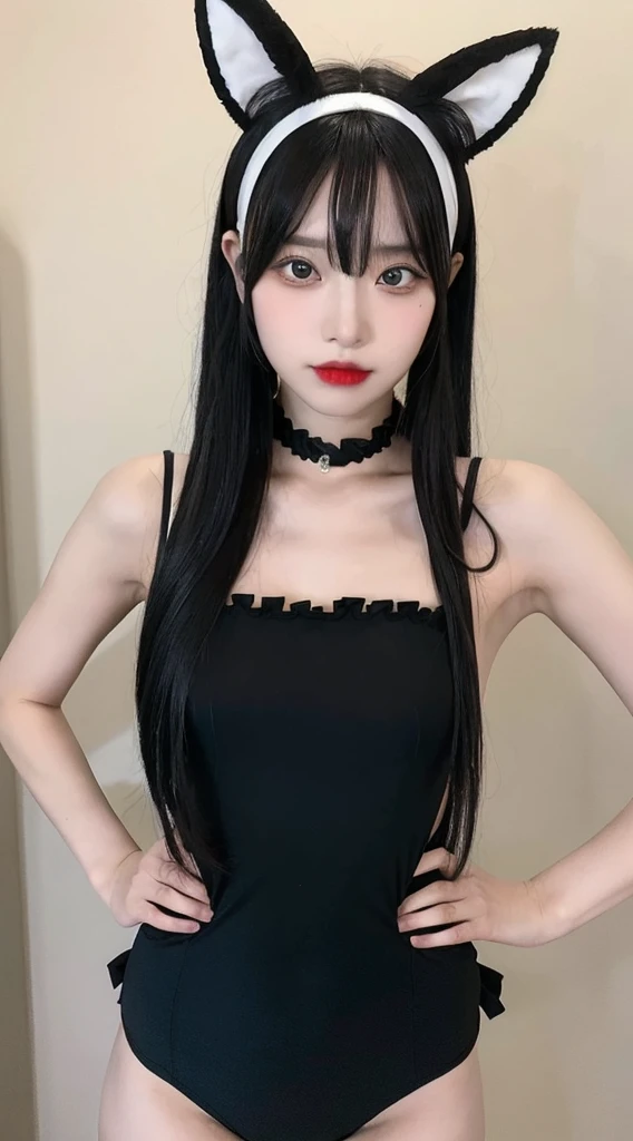 Girl in black wig with makeup with headbands with black rabbit ears dressed in black swimsuit cosplay