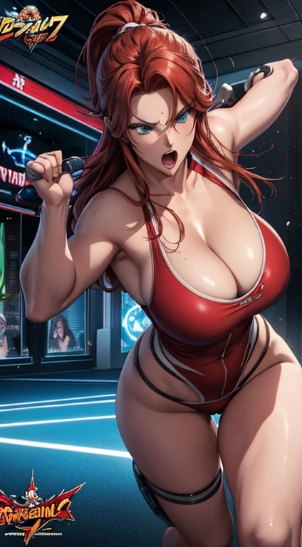 "Ultra-realistic and super-detailed 3D CG anime style movie poster featuring a beautiful red-haired, blue-eyed athletic woman in an adventure outfit emphasizing her beautiful full , in a thrilling action pose, punching and smashing the 'logo' ACTION ARCADE UNLEASHED' with cinematic effects, signed 'Dragonsteel7'"