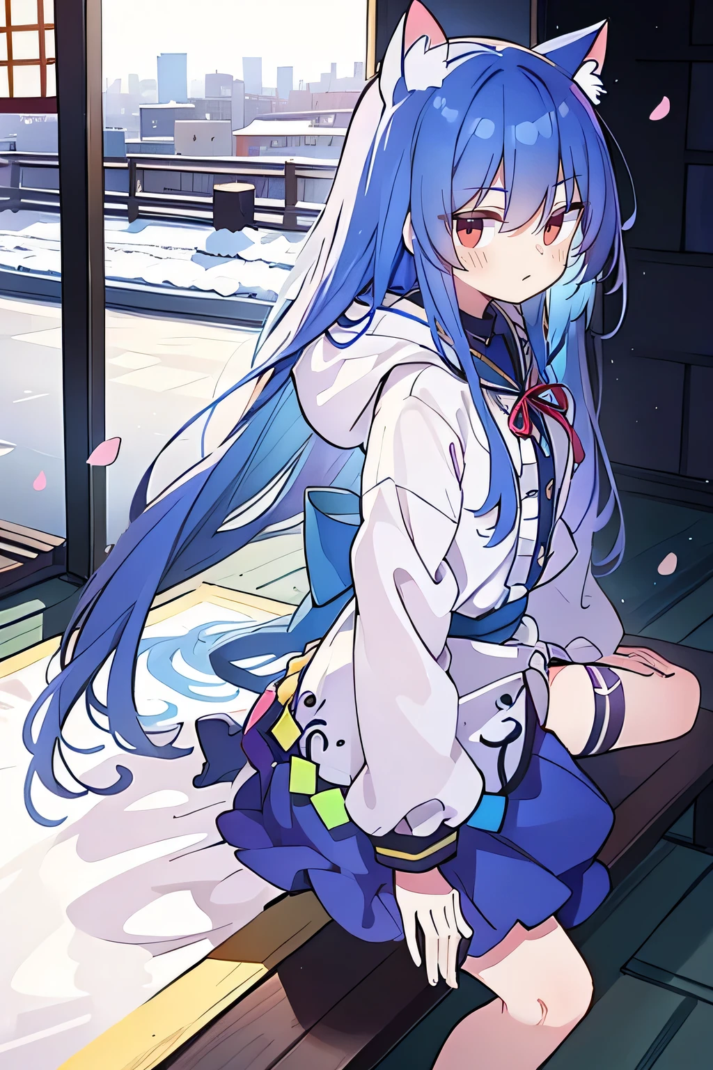 （masterpiece：1.2），Super detailed，lifelike，Expressive eyes，fair skin，perfect face shape，1 girl，
Japanese comics,Gorgeous blue hair,flowing blue hair,flowing clothes,Cat ears,Petals fall,beautiful lola,Baby Angel,
Shaking head with one hand，Cross your legs，Gentle and peaceful background，The pavilion is cool and comfortable,smile, wearing hoodie, background of tokyo,back views,snowing, winter.
